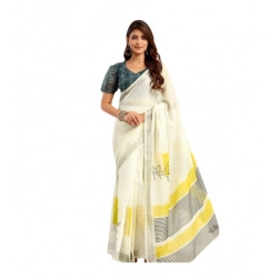 Women's Linen Cotton Printed Ready To Wear Saree With Unstitched Blouse 5.5 Mtr (Off_White)