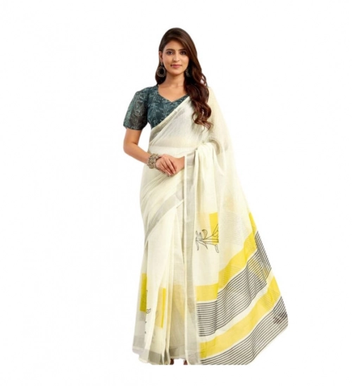 Women's Linen Cotton Printed Ready To Wear Saree With Unstitched Blouse 5.5 Mtr (Off_White)