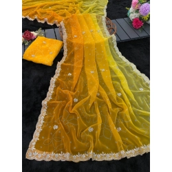 Women's Digital Printed  Georgette Saree With Unstitched Blouse (Yellow, 5-6 Mtrs)