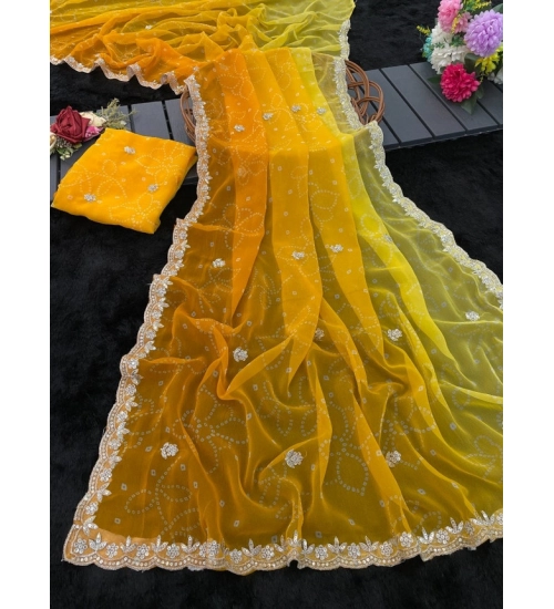 Women's Digital Printed  Georgette Saree With Unstitched Blouse (Yellow, 5-6 Mtrs)