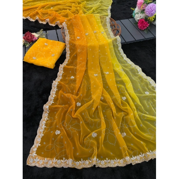 Dropship Women's Digital Printed  Georgette Saree With Unstitched Blouse (Yellow, 5-6 Mtrs)