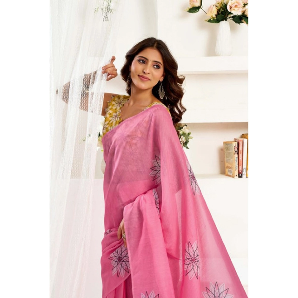 Women's Linen Cotton Printed Ready To Wear Saree With Unstitched Blouse 5.5 Mtr (Pink)