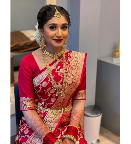 Women's Litchi silk Printed Saree With Unstitched Blouse (Red)