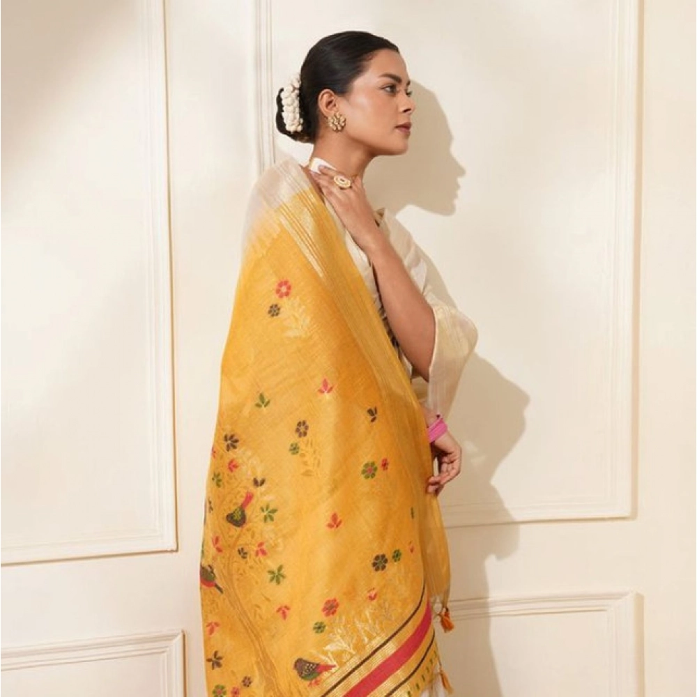 Women's Blended_Cotton Woven_Motifs Saree With Unstitched Blouse 5.5Mtr (Mustard)