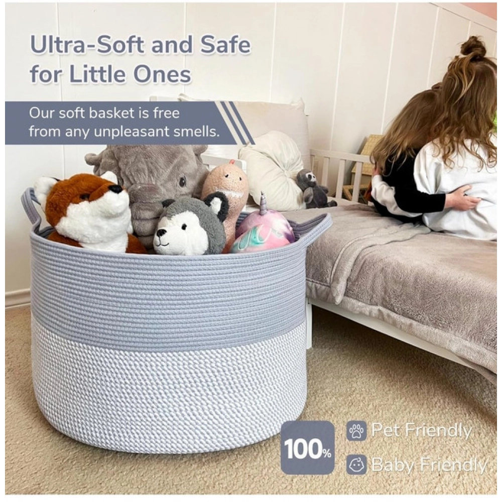 Cotton 16x14 Inch Pack of 1 Storage Basket For Clothes (Gray- Gray White)