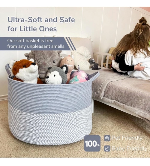 Cotton 16x14 Inch Pack of 1 Storage Basket For Clothes (Gray- Gray White)