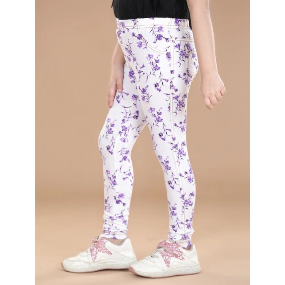 Girl's Cotton Lycra Floral Elasticated Jeggings (White-Lavender)