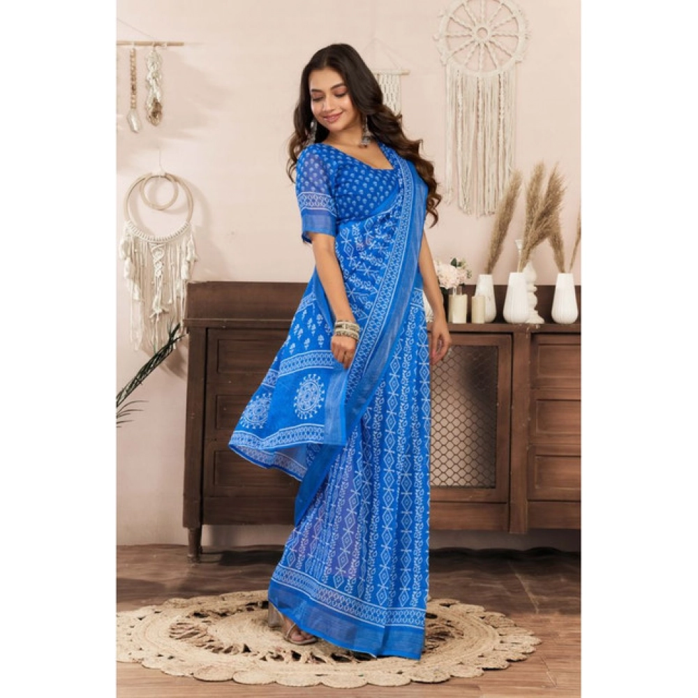 Women's Linen Cotton Printed Ready To Wear Saree With Unstitched Blouse 5.5 Mtr (Blue)