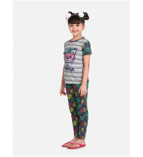 Girl's Cotton Hosiery Printed Night Suit Set (Grey-Green) Girl's Cotton Hosiery Printed Night Suit Set (Grey-Green)