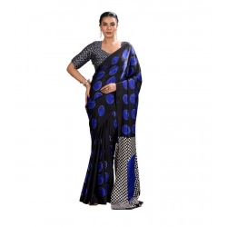 Women's Satin Crepe Printed Saree With Unstitched Blouse 5.5Mtr (Blue)