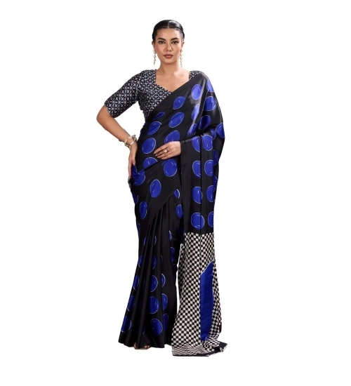 Women's Satin Crepe Printed Saree With Unstitched Blouse 5.5Mtr (Blue)
