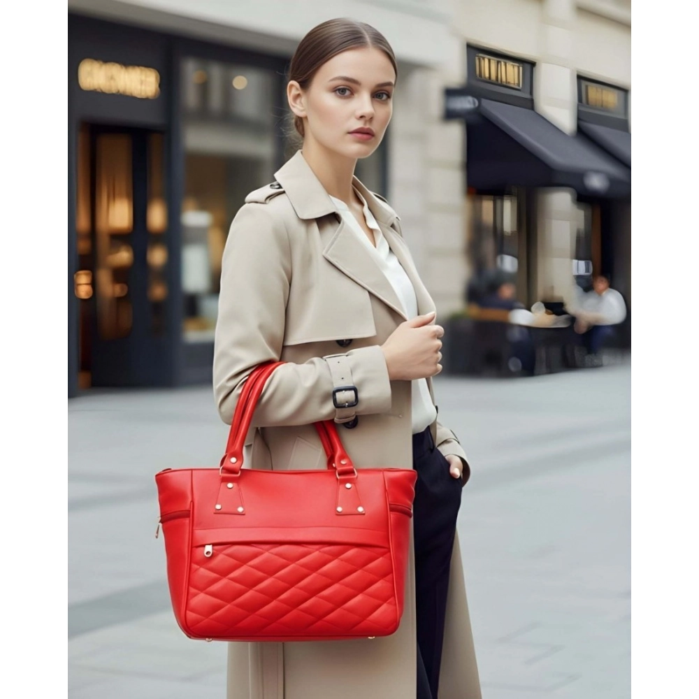 Women's PU Leather Solid Shoulder Zipper Handbag (Red)