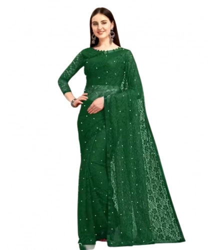 Women's Net Self Design Saree With Unstitched Blouse 5.5Mtr (Green)