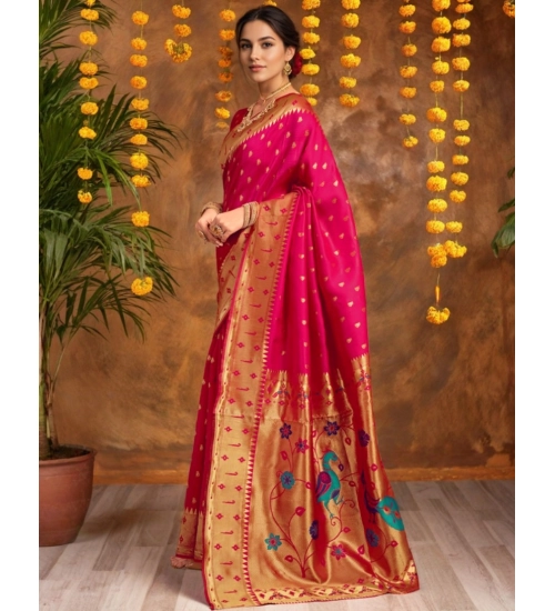 Women's Silk Blend Zari Weaving Saree With Unstitched Blouse 5.5Mtr (Pink)