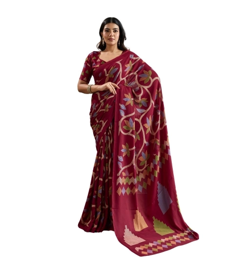 Women's Satin Crepe Printed Saree With Unstitched Blouse 5.5Mtr (Maroon)