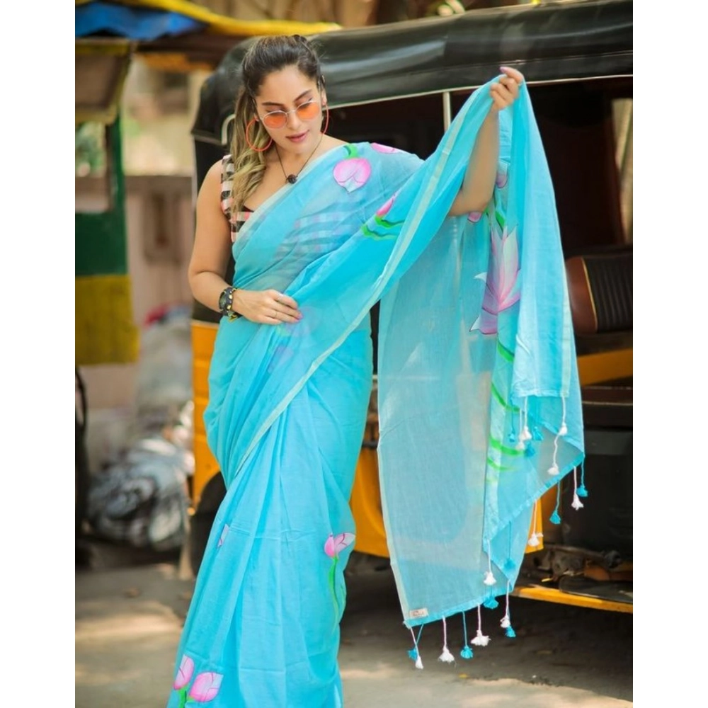 Women's Linen Printed Saree With Unstitched Blouse 5.5Mtr (light Blue) Women's Linen Printed Saree With Unstitched Blouse 5.5Mtr (light Blue)