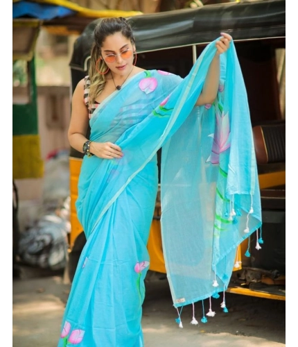 Women's Linen Printed Saree With Unstitched Blouse 5.5Mtr (light Blue)