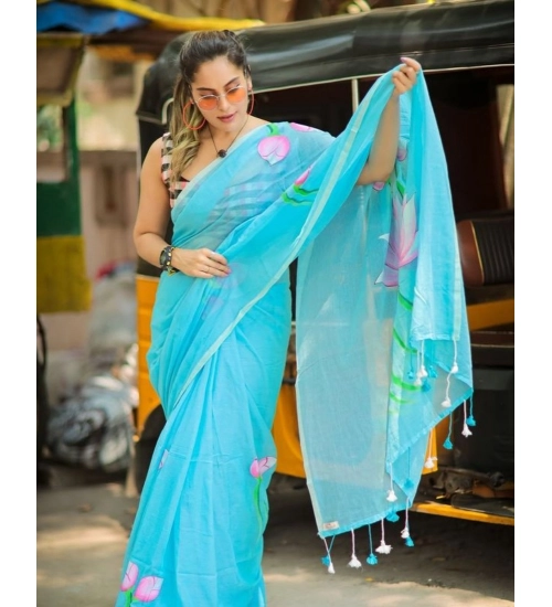 Women's Linen Printed Saree With Unstitched Blouse 5.5Mtr (light Blue) Women's Linen Printed Saree With Unstitched Blouse 5.5Mtr (light Blue)