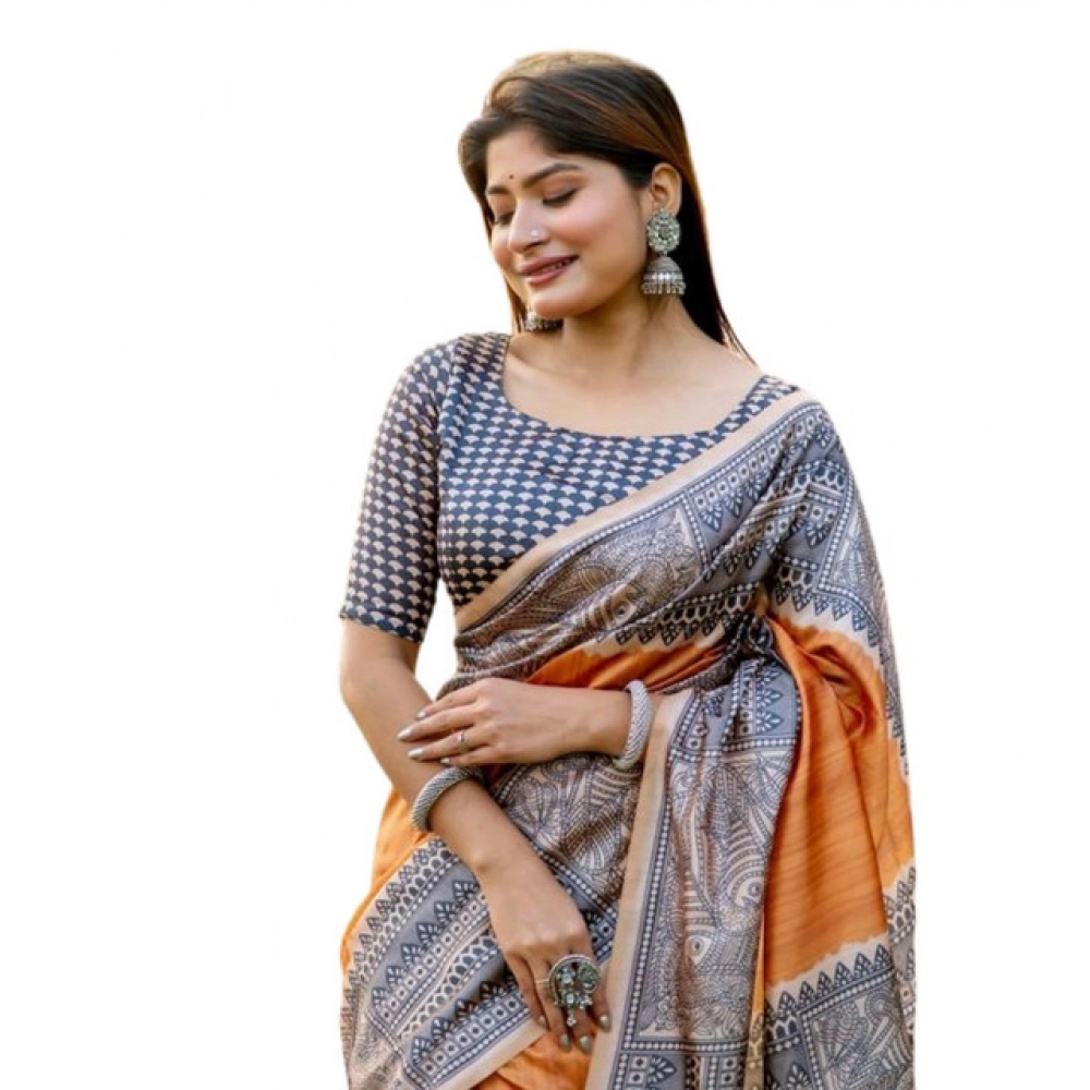 Women's Faux_Tussar Geometric_Print Saree With Unstitched Blouse 5.5Mtr (Rust) Women's Faux_Tussar Geometric_Print Saree With Unstitched Blouse 5.5Mtr (Rust)