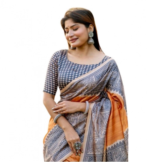 Women's Faux_Tussar Geometric_Print Saree With Unstitched Blouse 5.5Mtr (Rust)