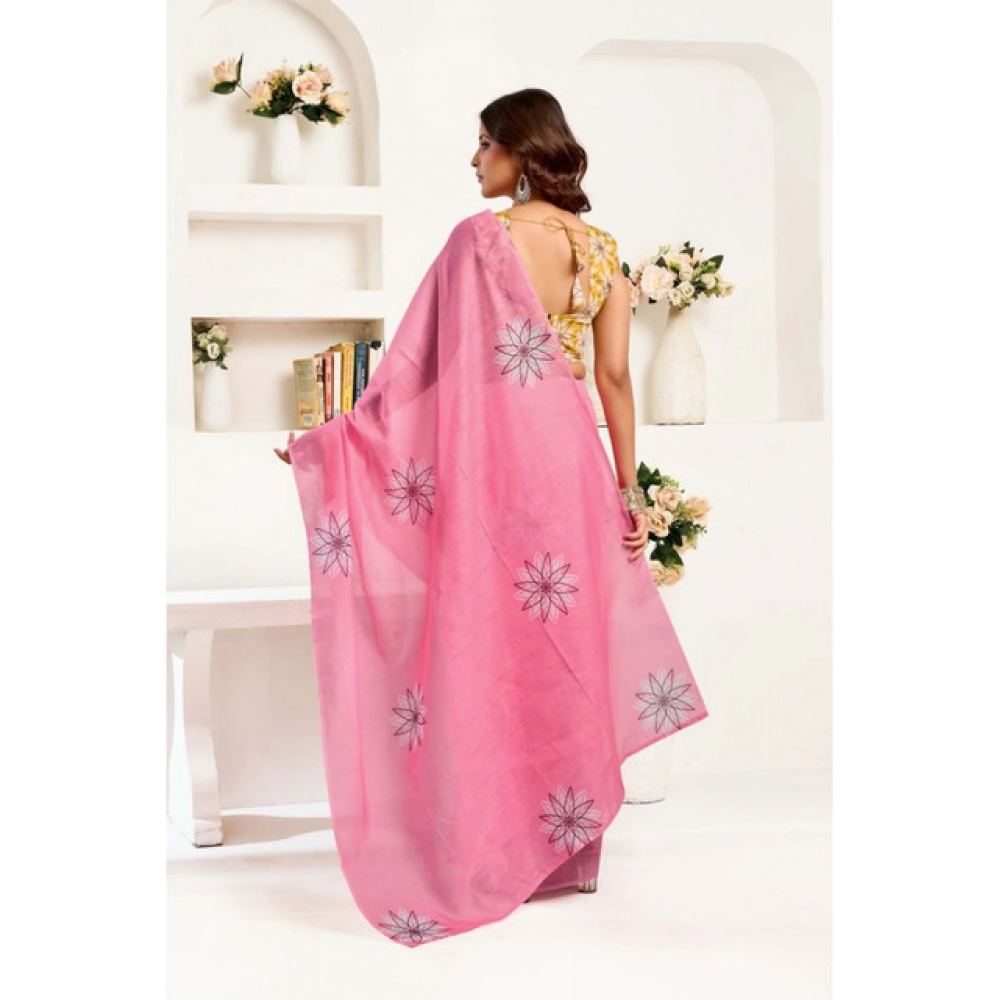 Women's Linen Cotton Printed Ready To Wear Saree With Unstitched Blouse 5.5 Mtr (Pink)