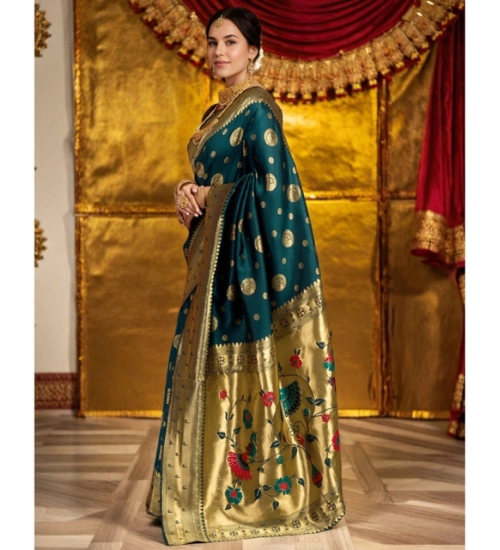 Women's Silk Blend Paithani Saree With Unstitched Blouse 5.5Mtr (Teal)