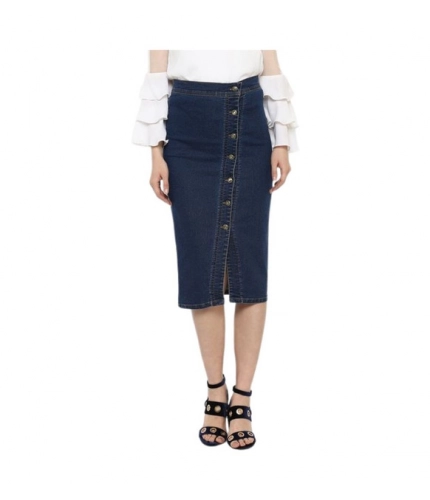 Women's Denim Front Button Buttoned Skirt (Blue)