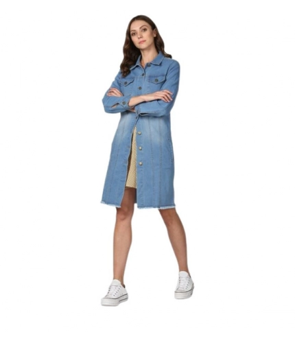 Women's Denim Washed Long Sleeves Jacket (Blue)