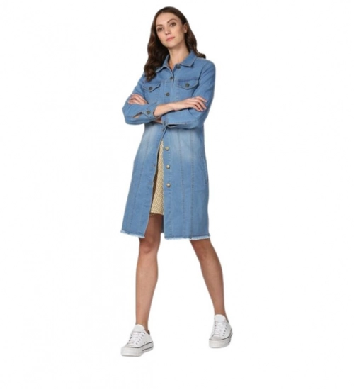 Women's Denim Washed Long Sleeves Jacket (Blue)