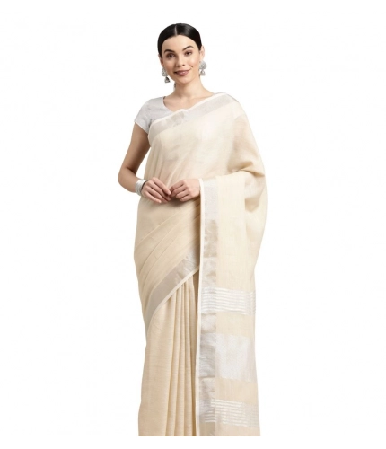 Women's Linen Cotton Printed Saree With Unstitched Blouse 5.5Mtr (Cream)