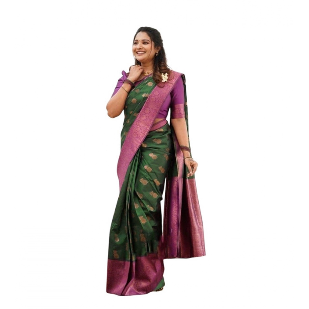 Women's Litchi silk Printed Saree With Unstitched Blouse (Green) Women's Litchi silk Printed Saree With Unstitched Blouse (Green)