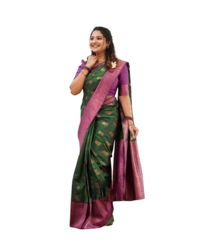 Women's Litchi silk Printed Saree With Unstitched Blouse (Green)