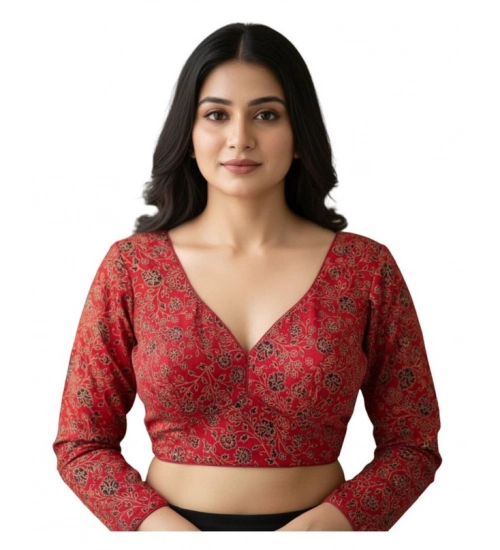 Women's Ajrakh Cotton Printed V-Neck Padded Blouse (Red 38 Ready (Self Alterable 36–40)