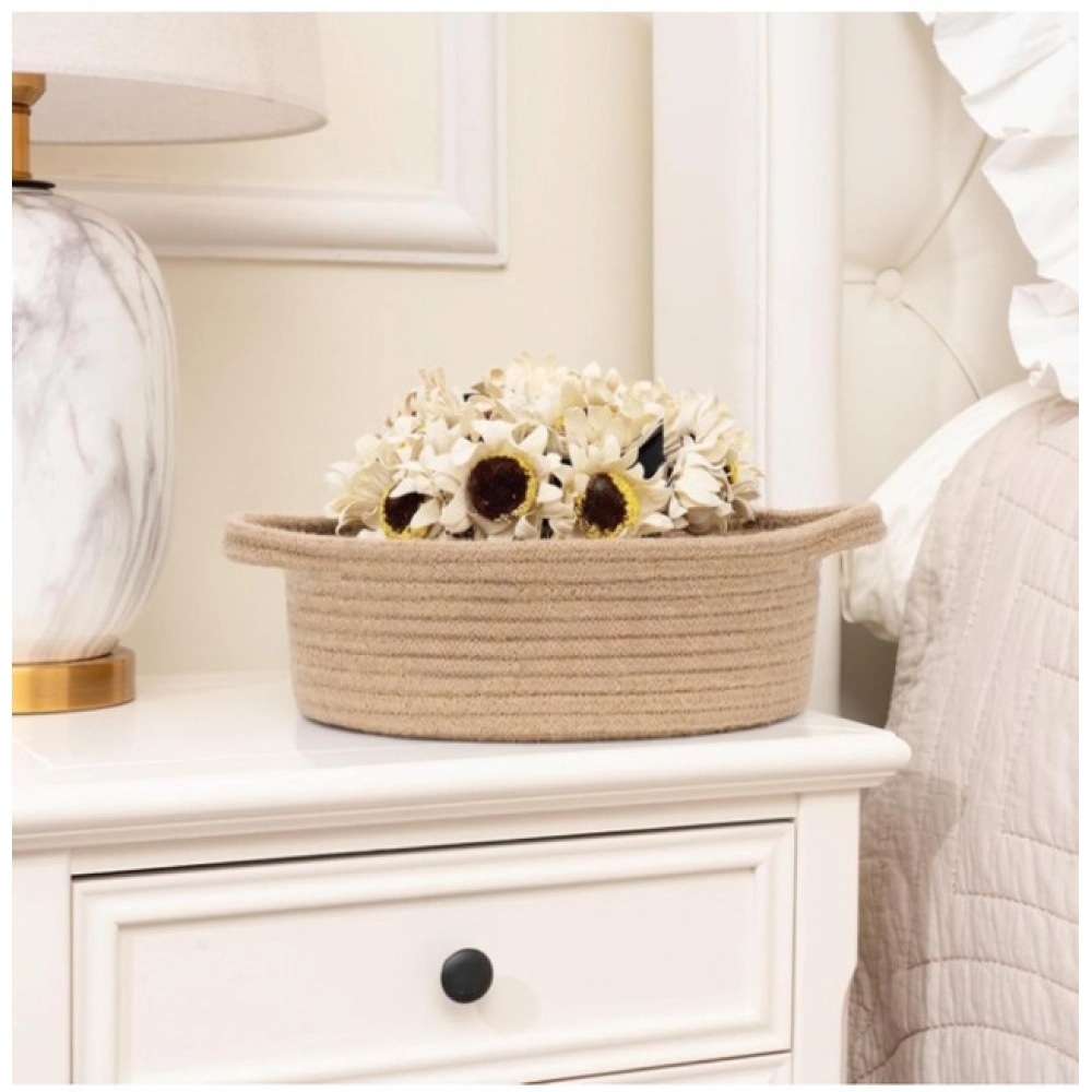 Cotton 8x3 Inch Round Bedside Organizer (Beige)