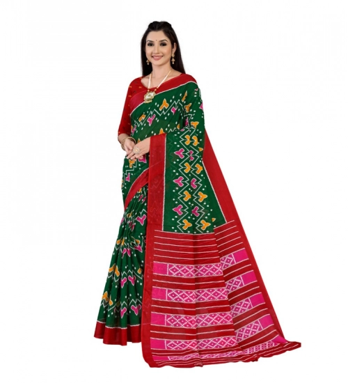 Women's Soft Pure Cotton Printed Saree With Unstitched Blouse 5.5Mtr (Green)