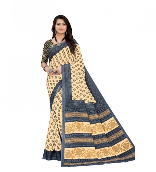 Women's Soft Pure Cotton Printed Saree With Unstitched Blouse 5.5Mtr (Cream)