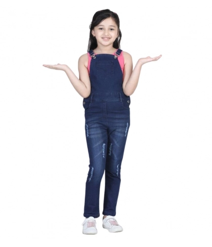Girl's Denim Distressed Buttoned Dungaree (Blue)