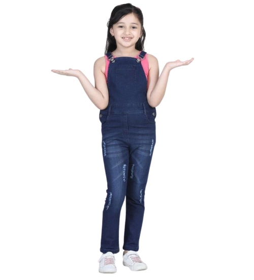 Girl's Denim Distressed Buttoned Dungaree (Blue)