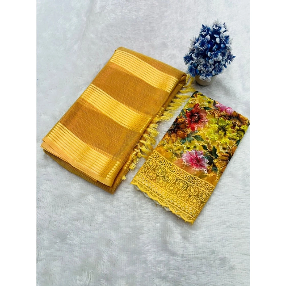 Women's Georgette Embroidered Saree With Unstitched Blouse 5.5Mtr (Yellow)