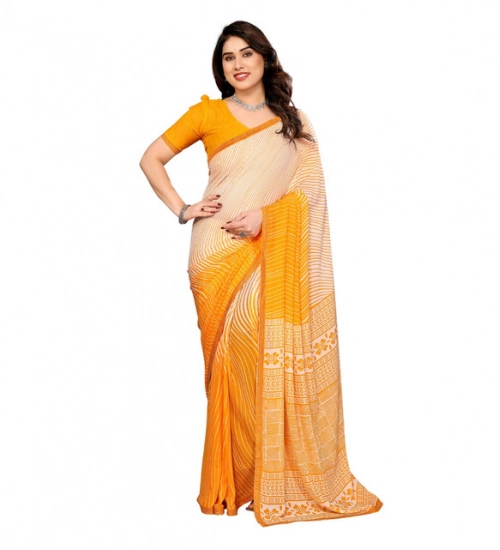 Women's Georgette Printed Saree With Unstitched Blouse 5.5Mtr (Yellow)