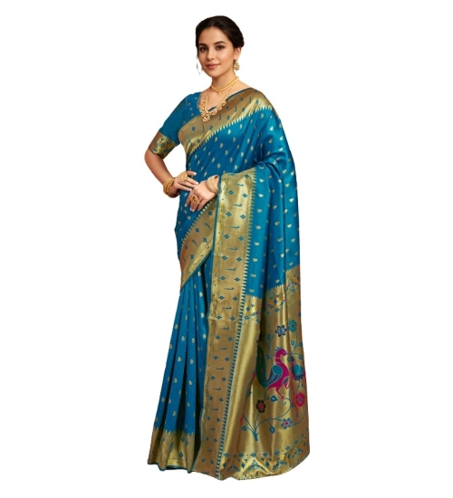 Women's Silk Blend Zari Weaving Saree With Unstitched Blouse 5.5Mtr (Turquoise)