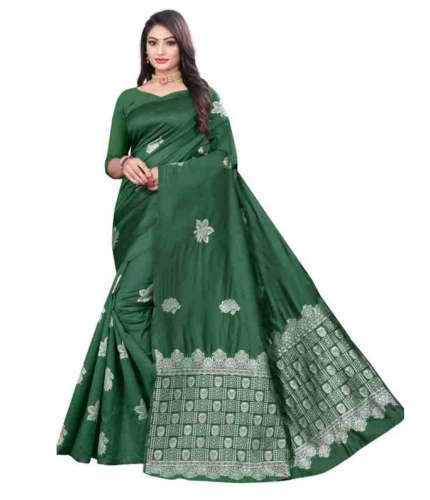 Women's Soft Lichi Silk Printed Saree With Unstitched Blouse 5.5Mtr (Green)