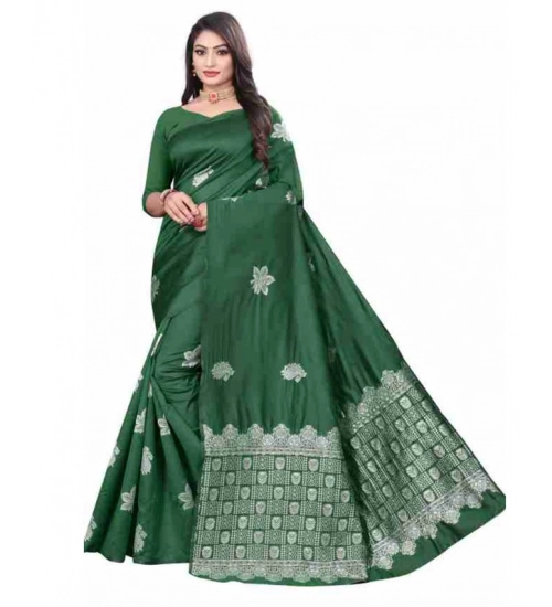 Women's Soft Lichi Silk Printed Saree With Unstitched Blouse 5.5Mtr (Green)