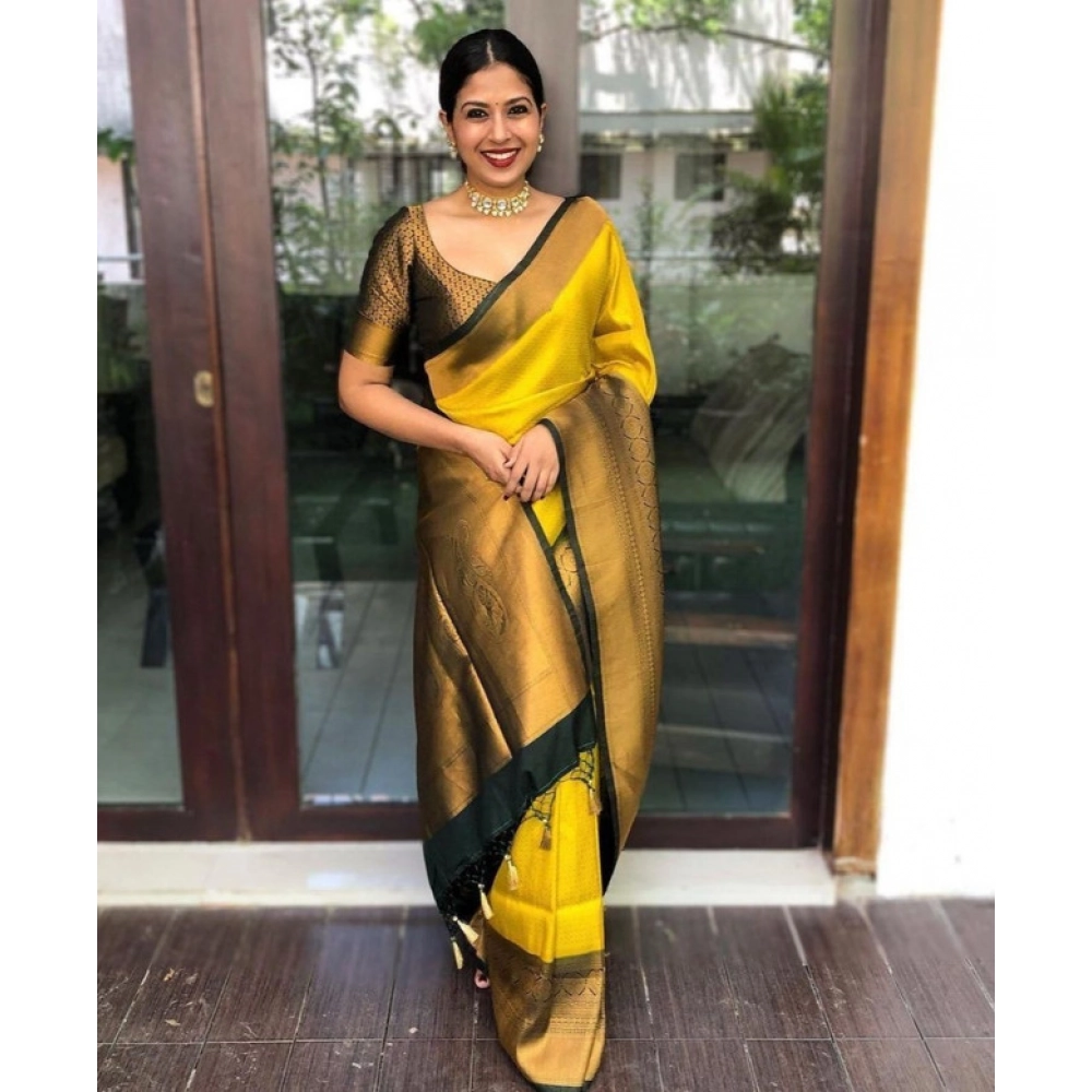 Women's Litchi silk Printed Saree With Unstitched Blouse (Yellow) Women's Litchi silk Printed Saree With Unstitched Blouse (Yellow)