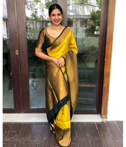 Women's Litchi silk Printed Saree With Unstitched Blouse (Yellow)