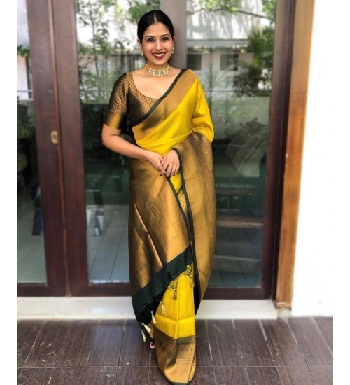 Women's Litchi silk Printed Saree With Unstitched Blouse (Yellow)