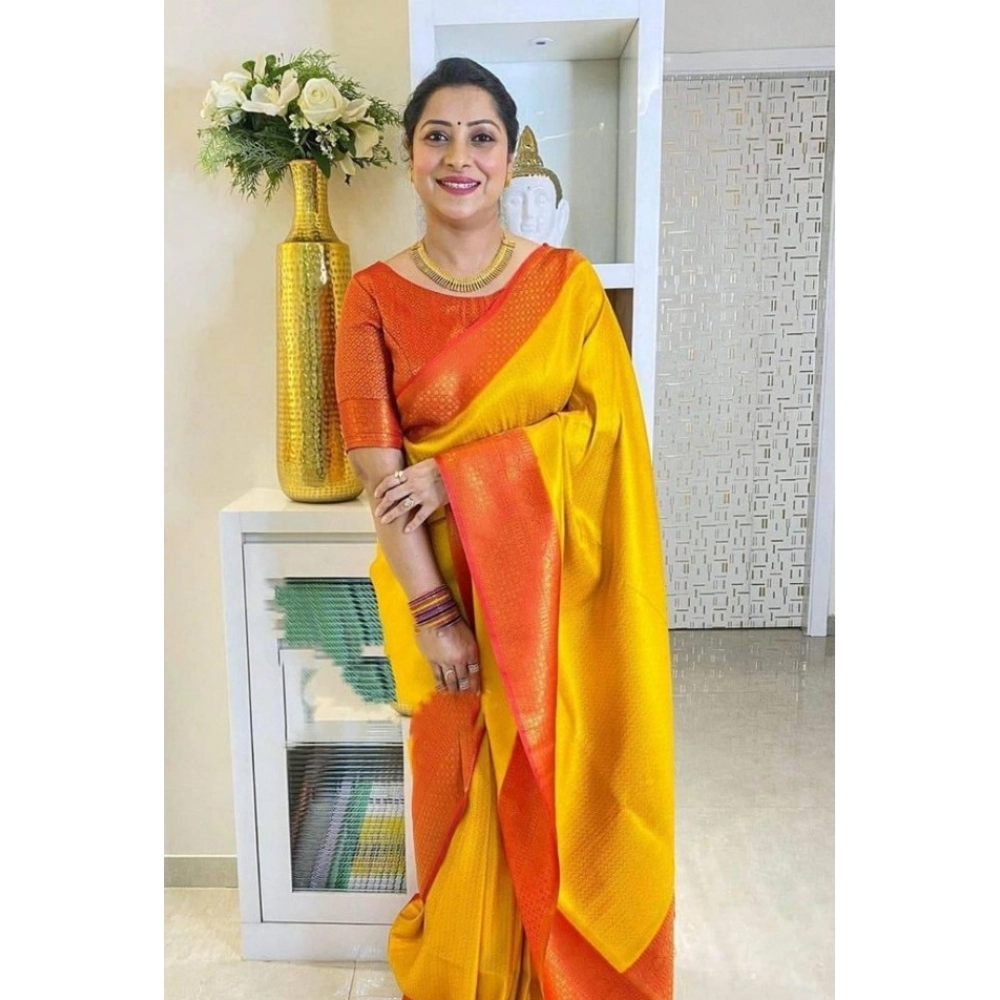 Women's Soft Lichi Silk Printed Saree With Unstitched Blouse 5.5Mtr (Mustard )