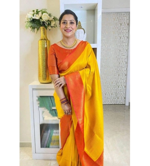 Women's Soft Lichi Silk Printed Saree With Unstitched Blouse 5.5Mtr (Mustard )