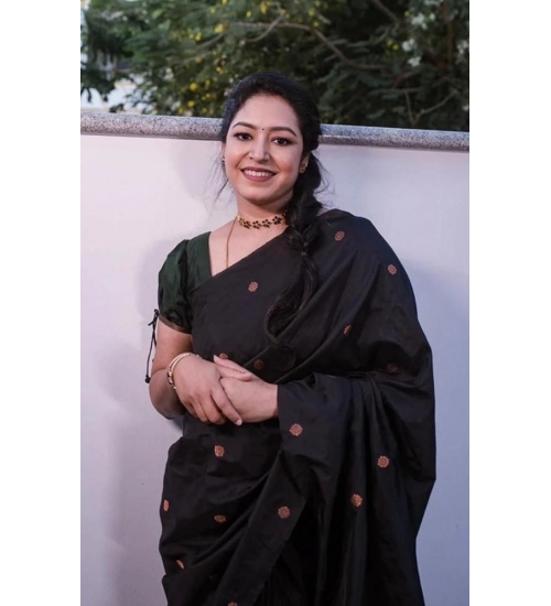 Women's Litchi silk Printed Saree With Unstitched Blouse (Black)