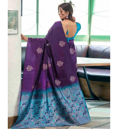 Women's Soft Lichi Silk Printed Saree With Unstitched Blouse 5.5Mtr (Blue)